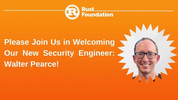 Walter Pearce Announcement Heading reads "Please Join Us in Welcoming Our New Security Engineer: Walter Pearce!". A headshot of Walter Pearce Appears to the right of the heading text inside of a circular, zig-zag frame.